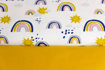 Stoffpaket French Terry + Bündchen French Terry mit Regenbogen und Sonne, Fräulein von Julie, ecru, senf